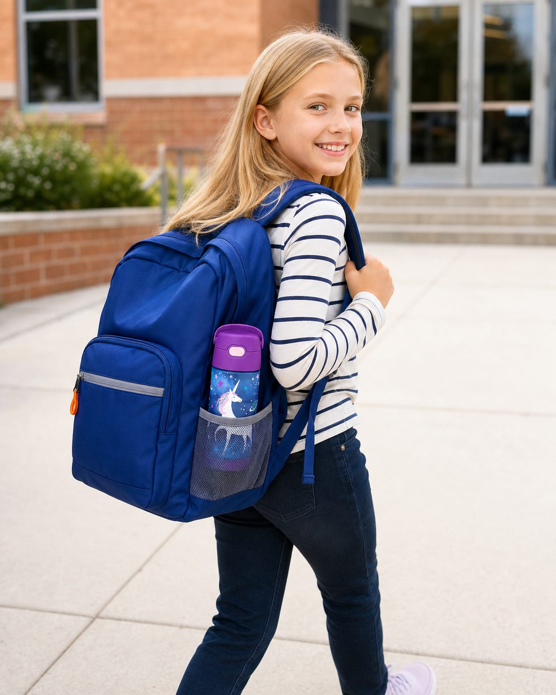Blonde preteen girl wearing a blue elementary school backpack with a purple unicorn water bottle in the side pocket, walking toward school.