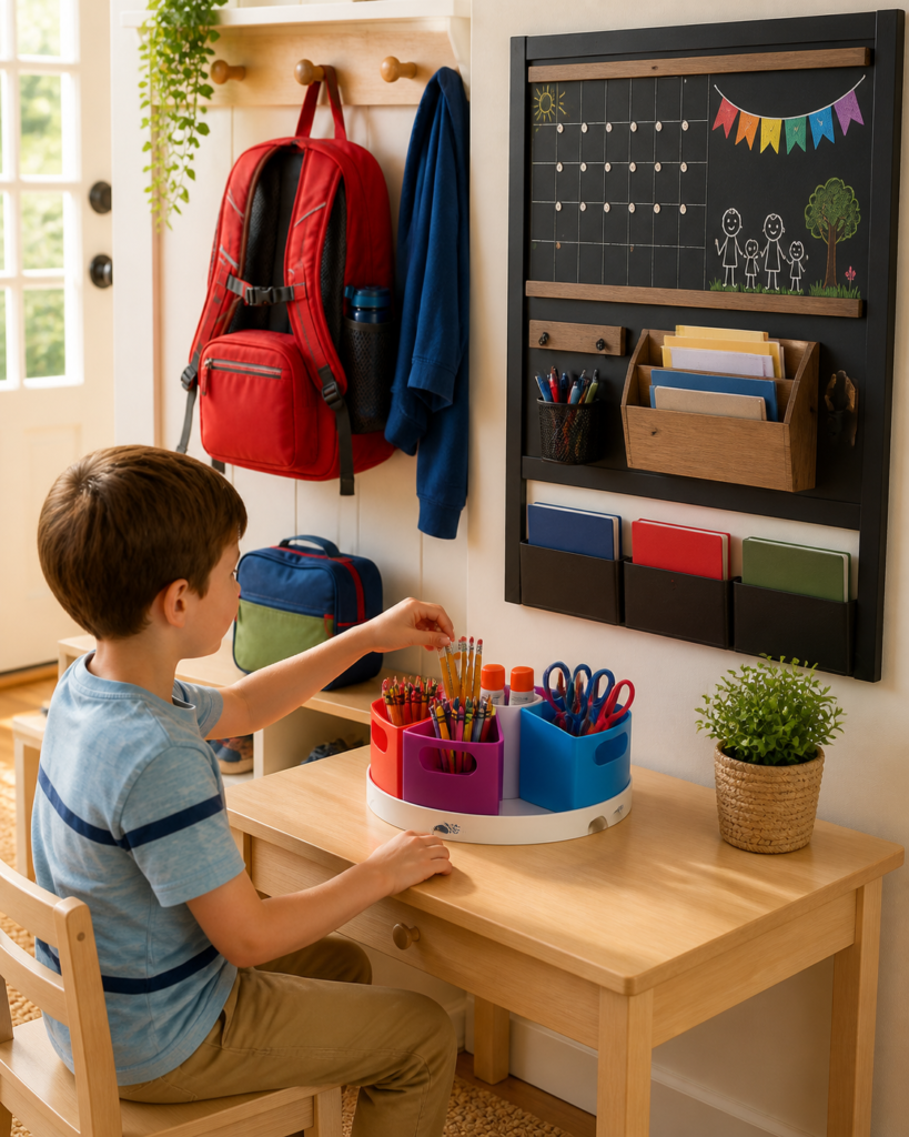 Elementary-age boy sits at a wooden homework desk, choosing pencils from a colorful rotating supply organizer beneath a wall-mounted family command center, with a red backpack hanging nearby.