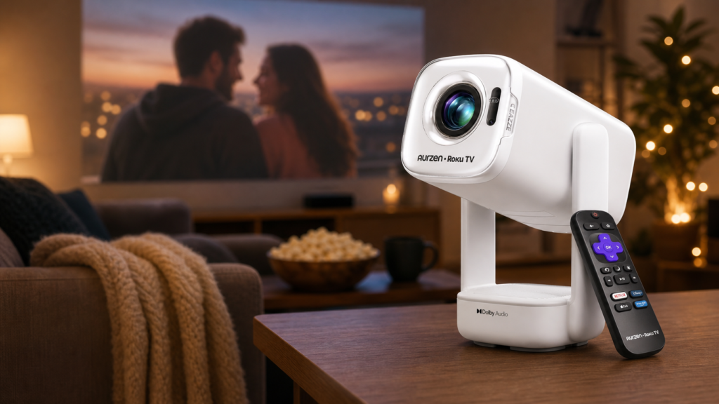 A projector on a coffee table displays a movie on the wall during a cozy movie night at home."
