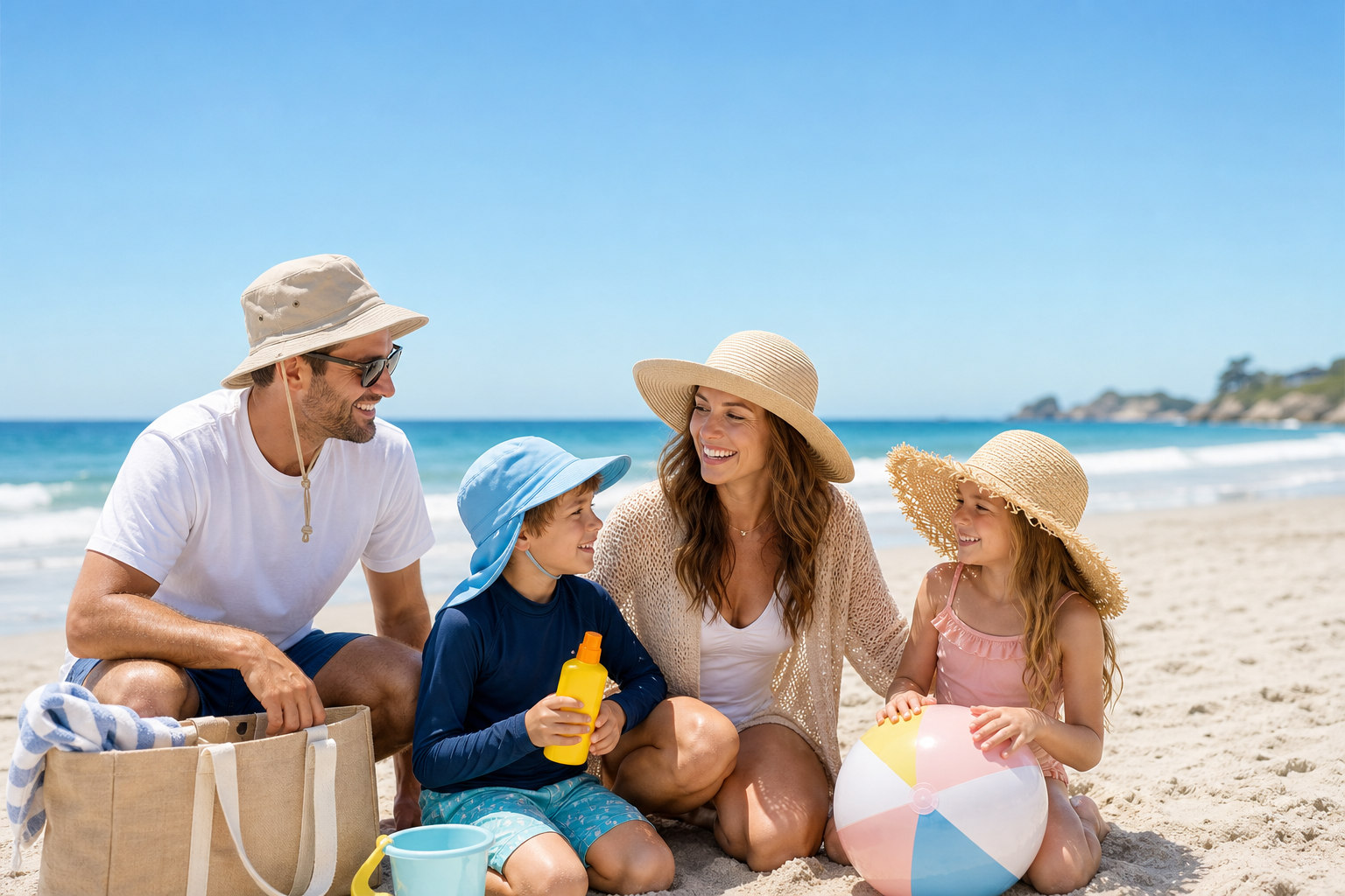 cooling, beach, hat, family, sun