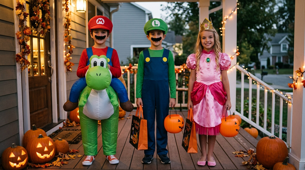 Three kids dressed as Mario riding Yoshi, Luigi, and Princess Peach hold candy bags on a Halloween porch decorated with pumpkins and string lights.