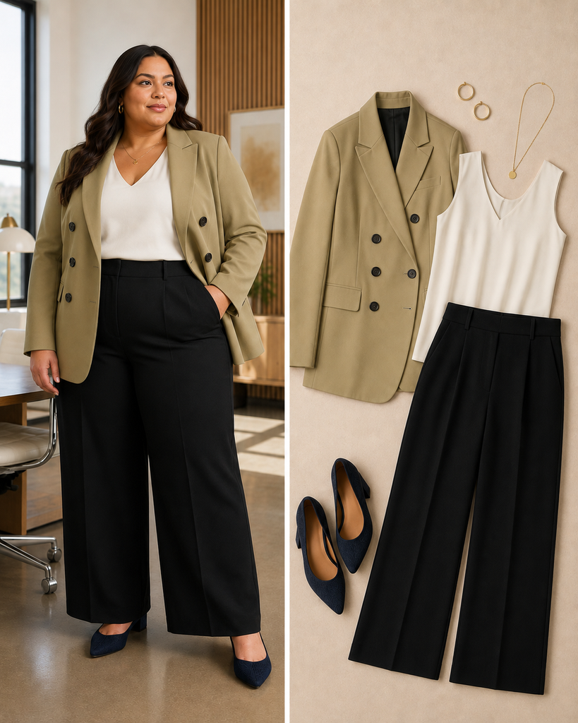 curvy woman wearing black wide-leg trousers and cream tank with blazer, 2026 fashion trend