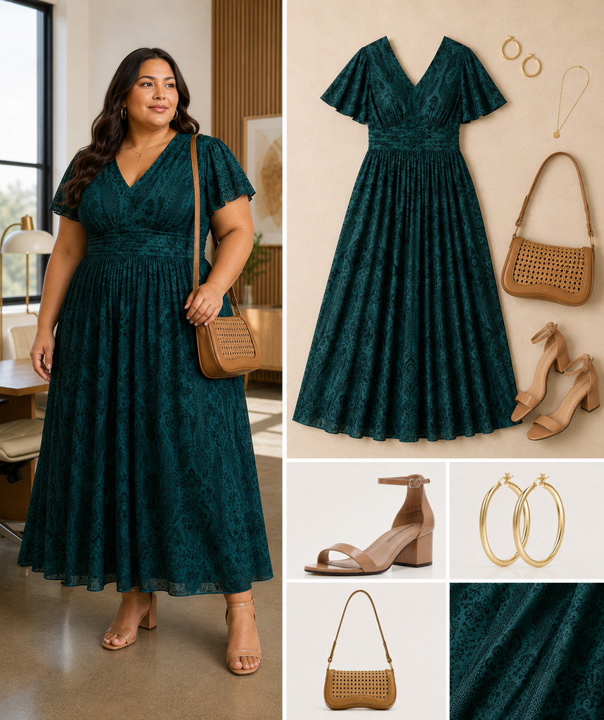 jewel-tone wrap dress outfit for curvy women, 2026 spring fashion