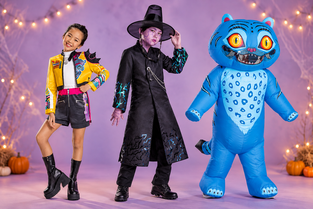 Three Halloween costumes displayed side by side: a yellow patterned jacket with black shorts, a black coat and tall hat, and an inflatable blue tiger.