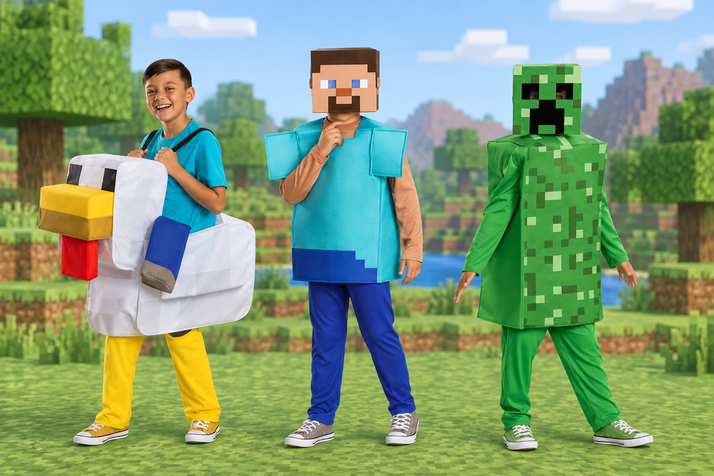 Three children wearing Minecraft chicken rider, Steve, and green Creeper costumes against a block-style grassy landscape.