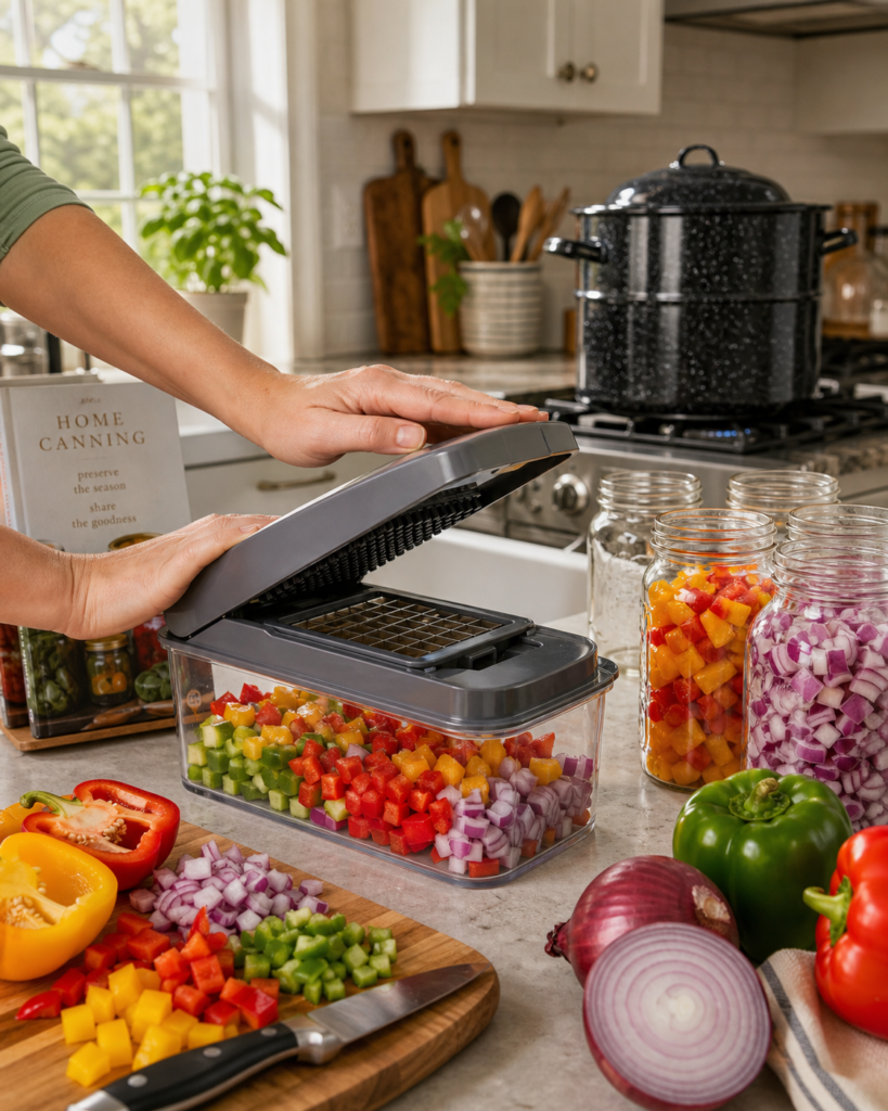 Hands using a vegetable chopper to dice peppers and onions for home canning, with jars of chopped vegetables and a water bath canner on the stove in a bright kitchen