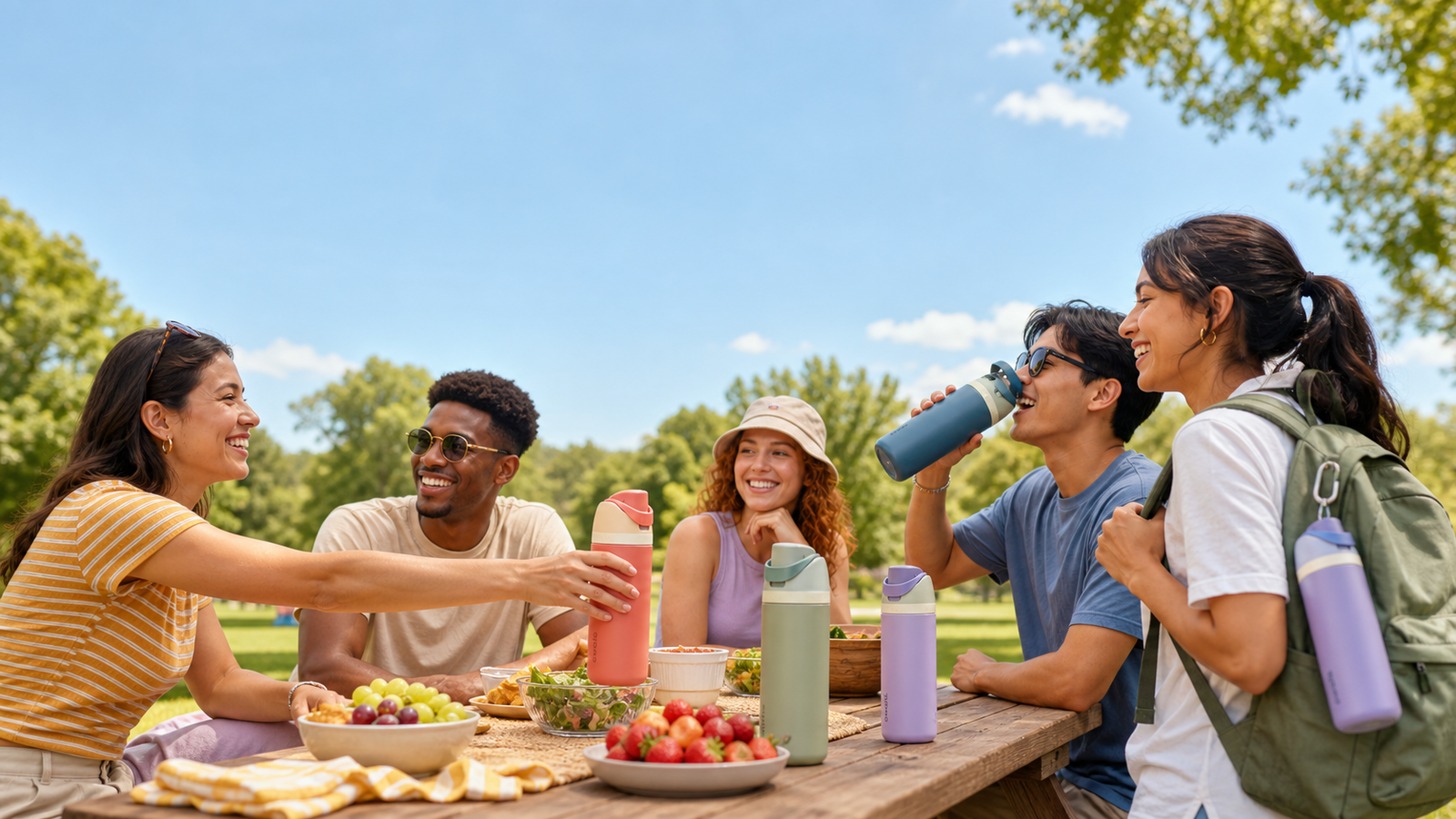 FRIENDS, WATER BOTTLES, HIKING, SHARING