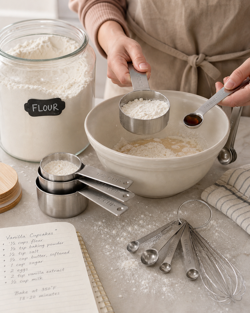 measuring cups, measuring spoons, baking