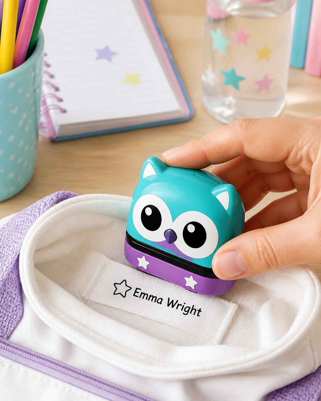 Teal animal name stamper marking a child’s school item with “Emma Wright” and a small star, surrounded by back-to-school supplies.