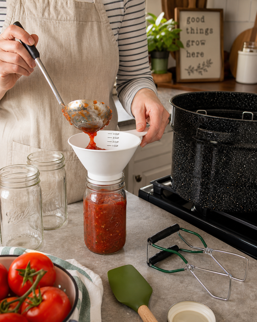Person ladling homemade tomato sauce through a canning funnel into a mason jar, with empty jars and a water bath canner ready on the stove.