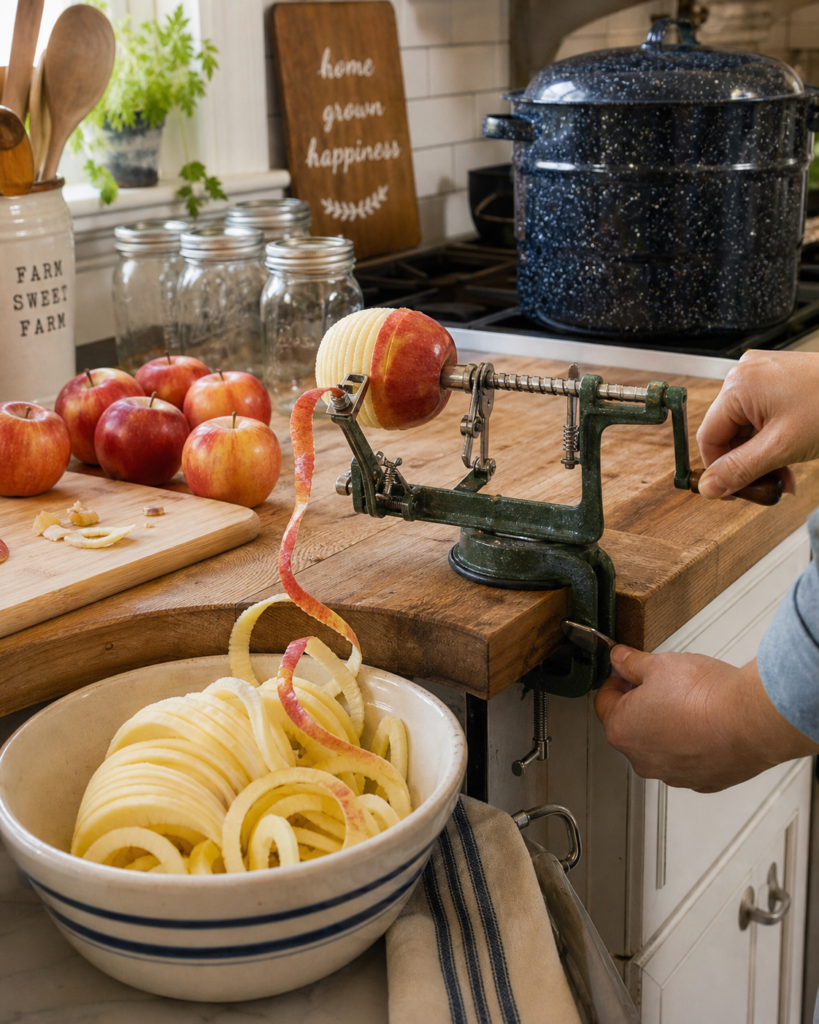 Hands using a hand-crank apple peeler to peel and slice fresh apples over a bowl, with whole apples, mason jars, and a water bath canner ready for home canning in the background.